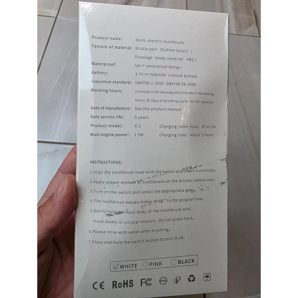 X-2 Sonic Electric Toothbrush IPX7 Waterproof‎ Rechargeable White ZD-X2 New